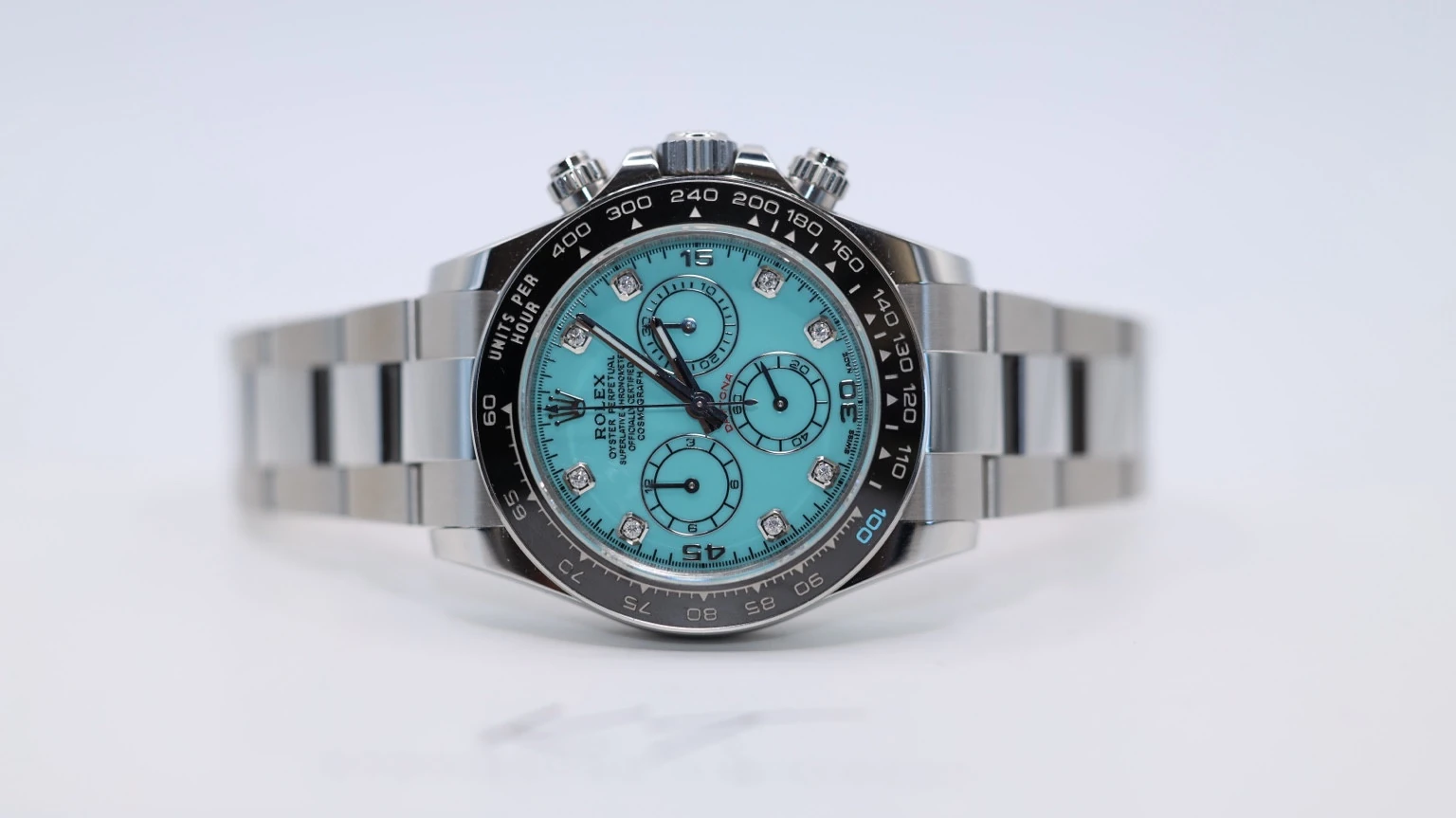 Full turquoise-dial custom Daytona with its bezel's 100 marking matched to the dial colour