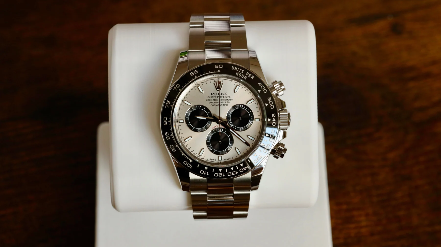 Grey dial bracelet chronograph — full watch view