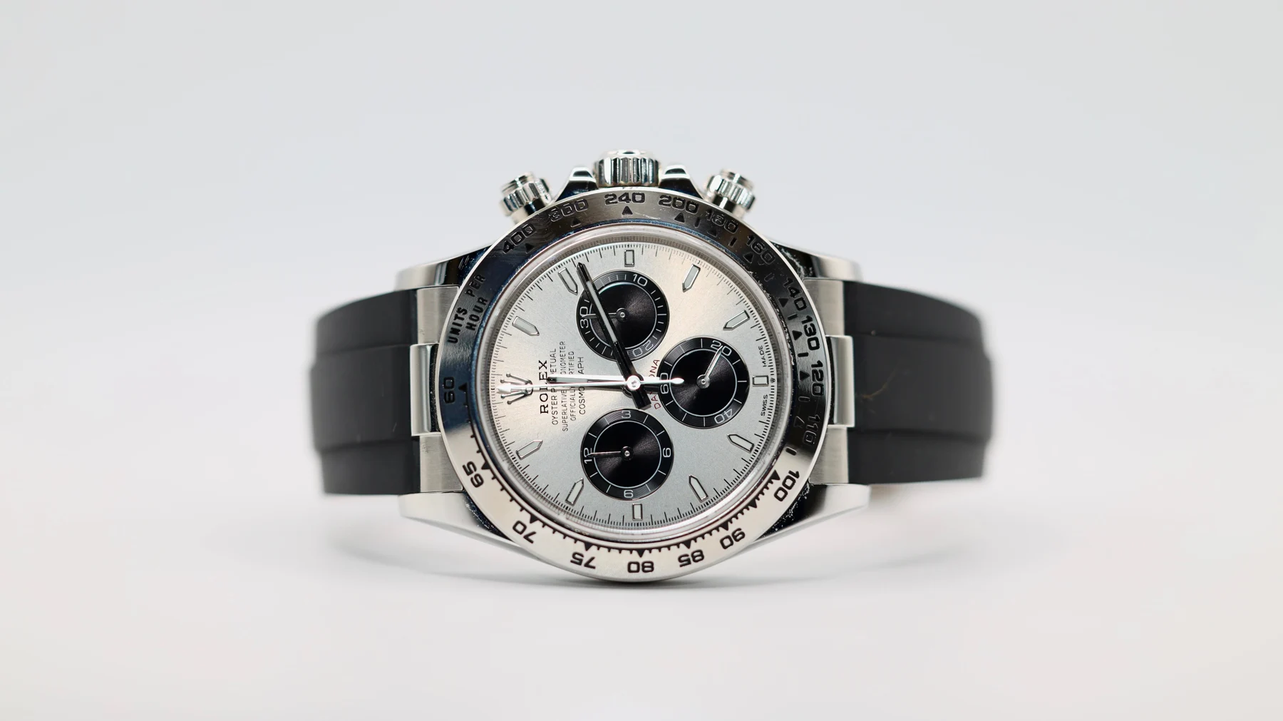 Grey dial chronograph on rubber — full watch view