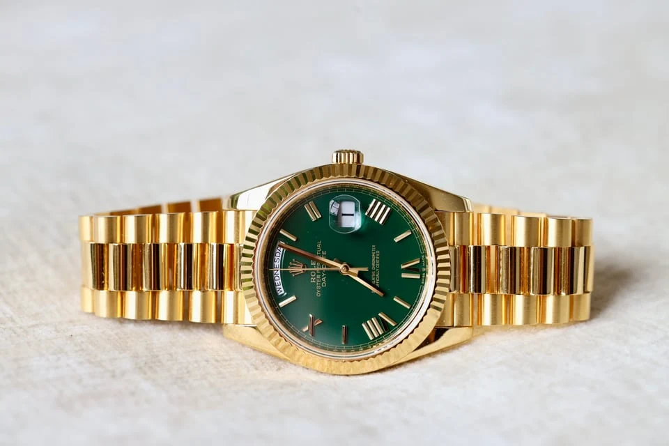 Green dial gold-wrapped day-date — full watch view