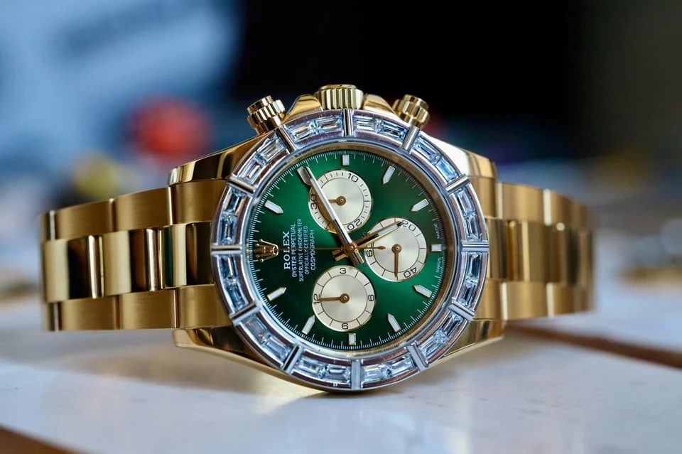 Green dial diamond chronograph — full watch view