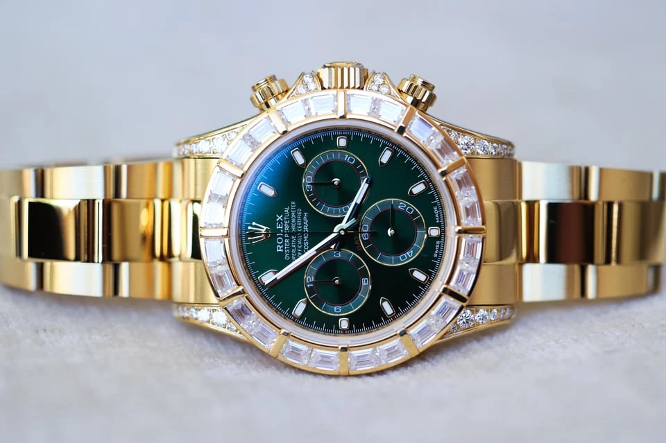 Dark green baguette chronograph — full watch view