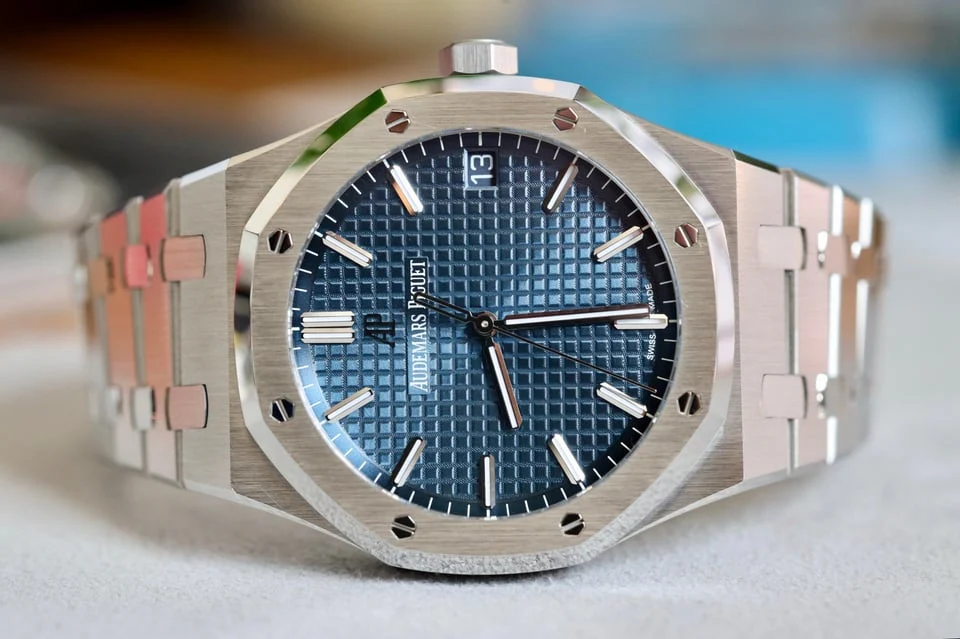 Blue dial integrated CNC prototype — full watch view
