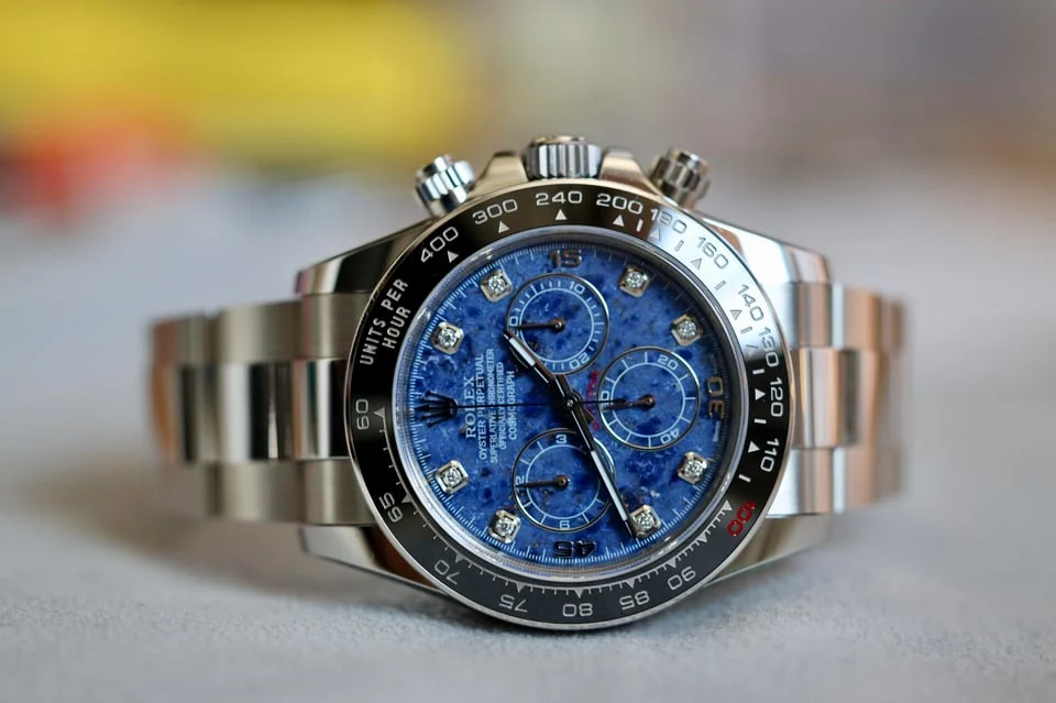 Lapis & diamond chronograph — full watch view