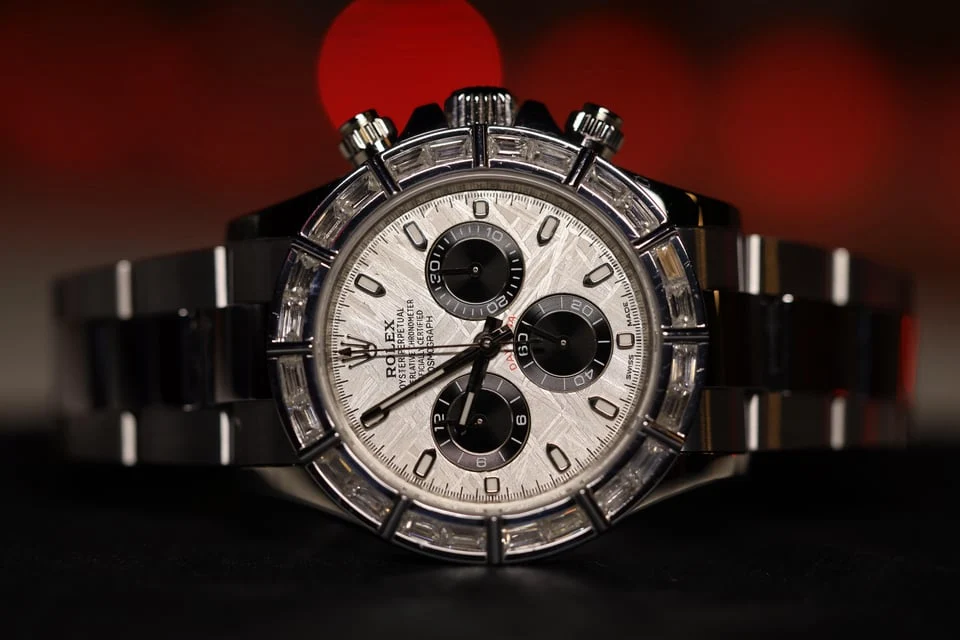 Silver-tone meteorite baguette chronograph — full watch view