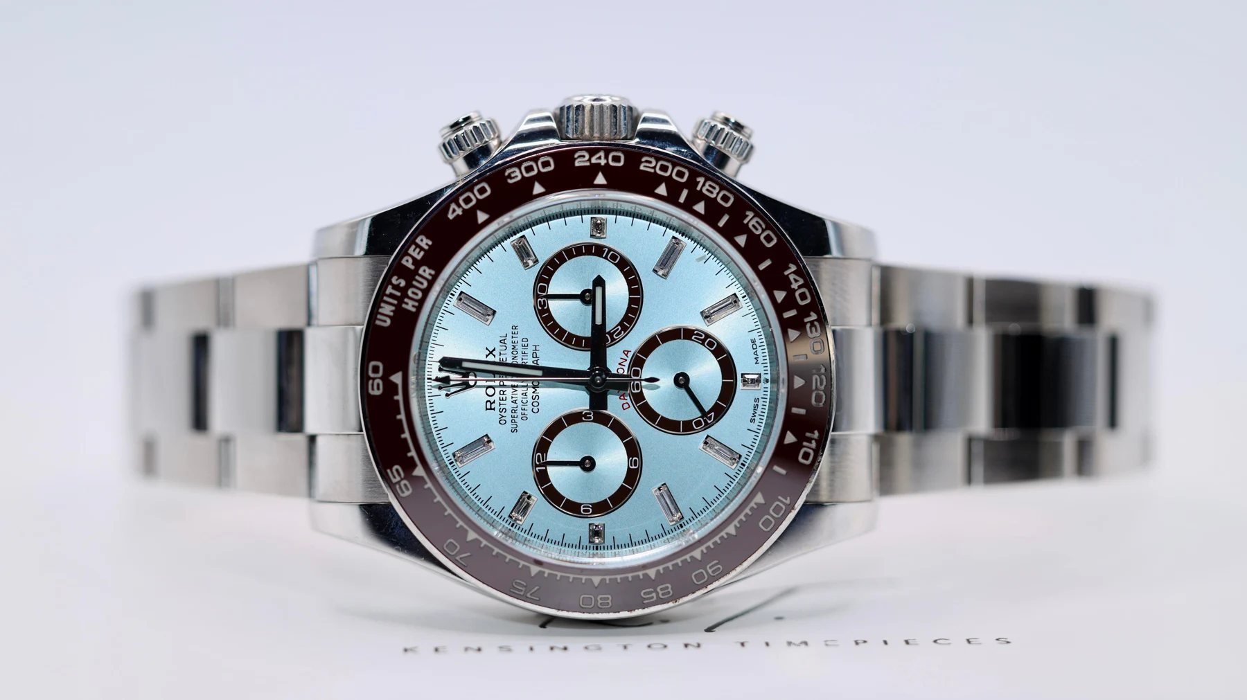 Platinum chronograph refinement — full watch view